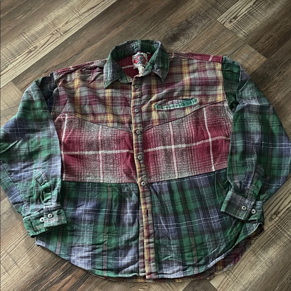 Vintage Protest Blues men’s maroon, green, blue plaid flannel shirt Sz XL